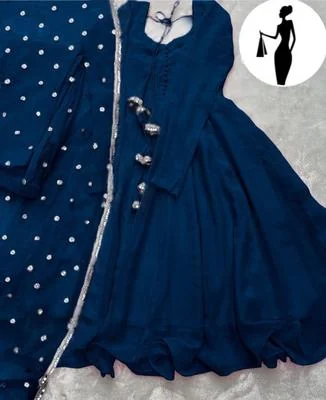 Blue V-Neck Maxi Suit 3Pcs With Lace Dupatta