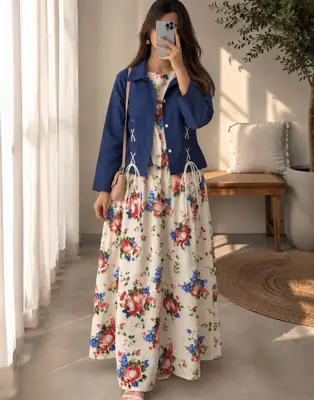 2 Pcs Women's Stitched Cotton Printed Maxi and Jacket