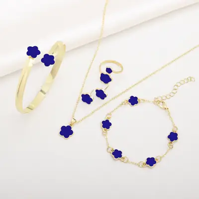Blue Flower 5 Pcs Jewellery Set for Women Gold Plated