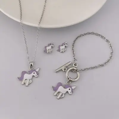 Purple Unicorn 3 Pcs Jewellery Set for Girls Silver Tone