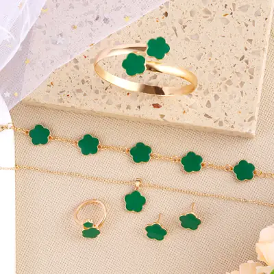 Green Flower 5 Pcs Jewellery Set for Women Gold Plated