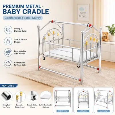 Premium Stainless Steel Baby Swing Cradle | Newborn Baby Jhoola with Wheels | Portable Baby Cot | Baby Bassinet Bed | Heavy Duty Infant Swing | Silver Baby Cradle Pakistan