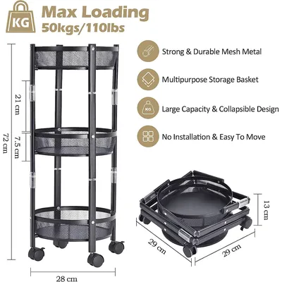 Black 3-Tier Rotating Kitchen Storage Rack with Wheels thumbnail 2