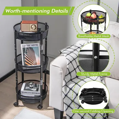 Black 3-Tier Rotating Kitchen Storage Rack with Wheels thumbnail 3