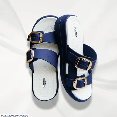 Women's Blue Rexine Fancy Slides with Gold Buckles thumbnail 3
