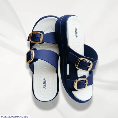 Women's Blue Rexine Fancy Slides with Gold Buckles