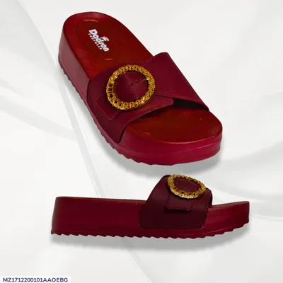 Women's Maroon Rexine Flat Sandals with Gold Buckle
