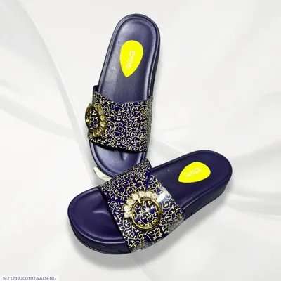 Women's Blue Glitter Rexine Slides with Gold Embroidery thumbnail 4