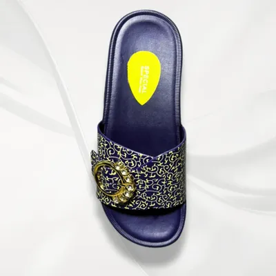Women's Blue Glitter Rexine Slides with Gold Embroidery thumbnail 3