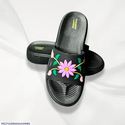 Women's Black Rexine Floral Slides Comfortable Office Wear thumbnail 3