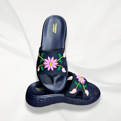 Women's Blue Floral Rexine Slides Comfortable Office Wear thumbnail 2