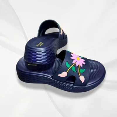 Women's Blue Floral Rexine Slides Comfortable Office Wear thumbnail 3