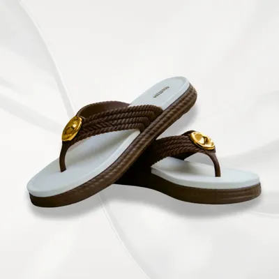 Women's Brown Rexine Fancy Flats with Gold Button thumbnail 2
