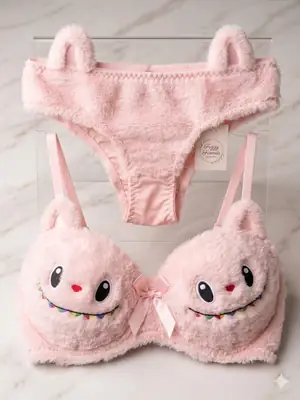 Labubu Style Half Cup Padded Wool Embroidered Bikini Set(Bra+Panty), 1 Set thumbnail 2
