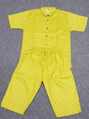 Men Cotton Printed Co-ord Set Yellow White Pattern