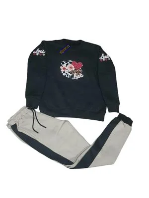 Men Cotton Printed Track Suit Black 2Pcs Winter