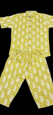 Men Cotton Paisley Printed Co-ord Set Yellow Medium to XL thumbnail 2