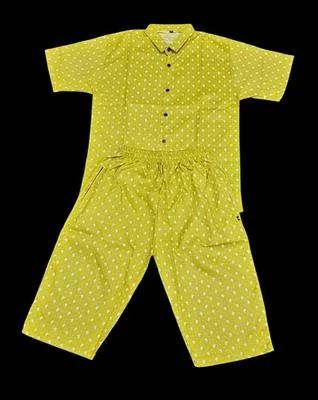 Men Cotton Polka Dot Co-ord Set Yellow Medium to XL