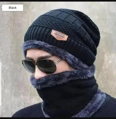 Black Wool Beanie & Neck Warmer Set for Men Women