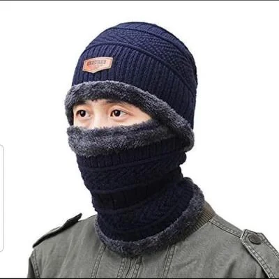 Winter Beanie & Neck Warmer Set Blue Wool Unisex