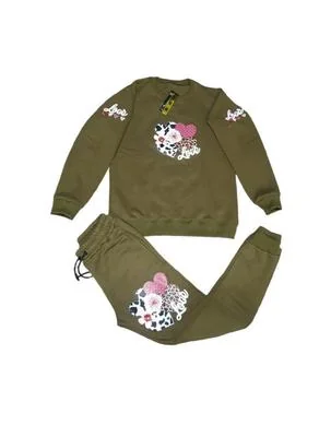 Girls Printed Cotton Fleece Tracksuit Green Heart Floral