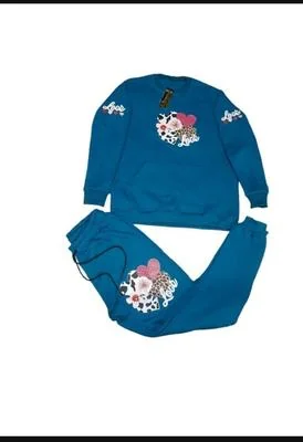 Girls Blue Printed Fleece Tracksuit 2 Pcs Set