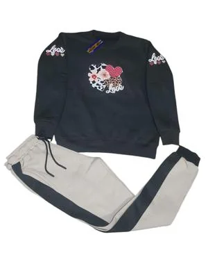 Girls Printed Fleece Tracksuit Black 2Pcs Casual Wear