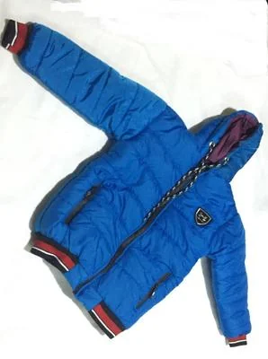 Boy's Blue Puffer Jacket with Red Black Cuffs & Chain