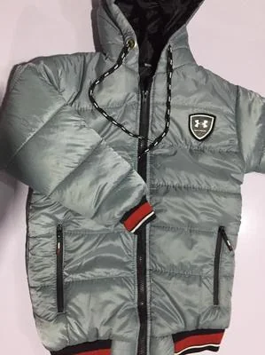 Boy's Grey Puffer Jacket with Red Trim & Hood
