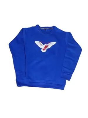 Blue Sweatshirt with White Red Dove Print Medium Large