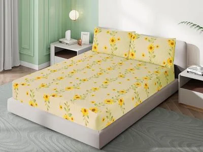 Double Bed Sheet Set Sunflower Print Cotton Yellow