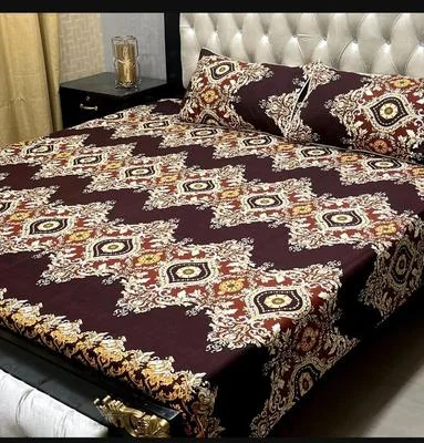 Double Bed Printed Bedsheet Set Brown Crystal Cotton 3Pc