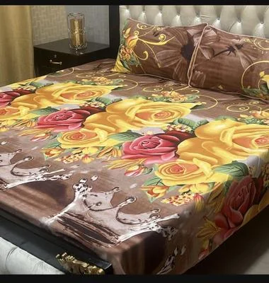 Brown Printed Double Bedsheet Set Crystal Cotton 3-Piece