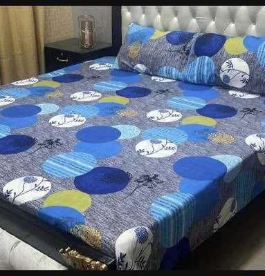 Crystal Cotton Printed Bedsheet Set Double Bed Blue Yellow