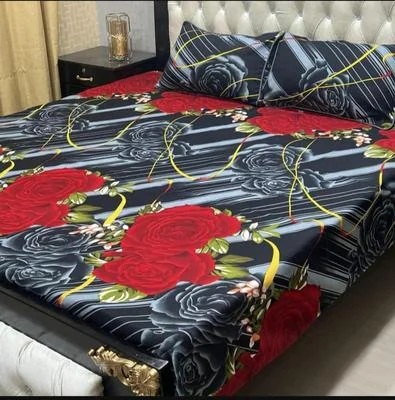 Crystal Cotton Printed Bedsheet Set Double Bed Red Rose Design