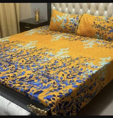 Crystal Cotton Double Bedsheet Set Mustard Floral Print