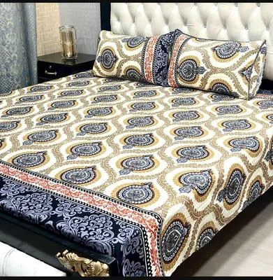 Premium Printed Double Bedsheet Set Crystal Cotton Off-White