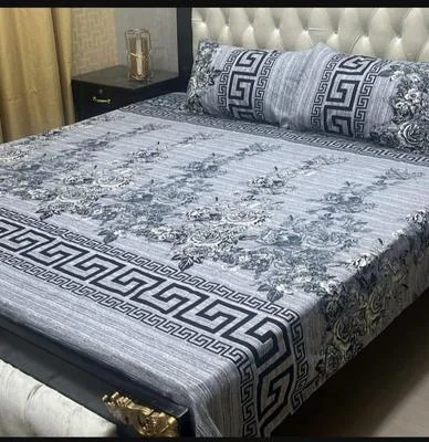 Grey Printed Crystal Cotton Double Bedsheet Set with Pillow Covers