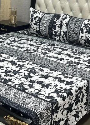 Double Bedsheet Set Crystal Cotton Black White Floral 3-Piece