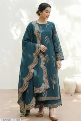 Unstitched Lawn Suit 03Pcs Embroidered Blue