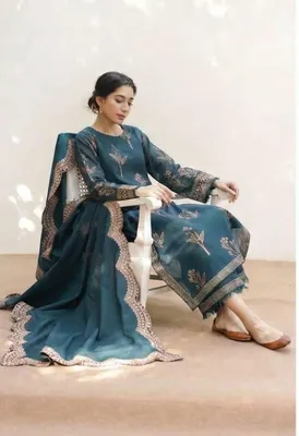 Unstitched Lawn Suit 03Pcs Embroidered Blue thumbnail 2