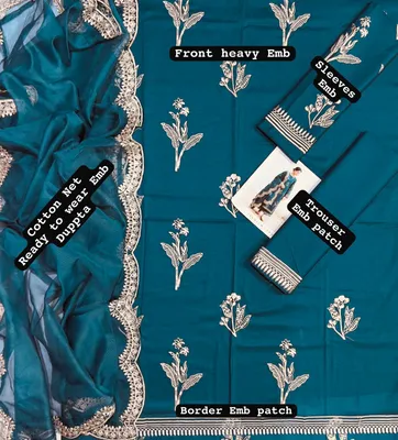 Unstitched Lawn Suit 03Pcs Embroidered Blue thumbnail 4