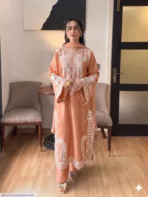 Peach Orange Embroidered Lawn 3PC Suit for Women