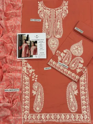 Peach Orange Embroidered Lawn 3PC Suit for Women thumbnail 3
