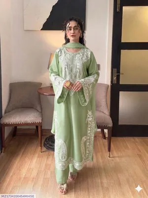 Green Embroidered 3PC Lawn Suit with Voil Dupatta