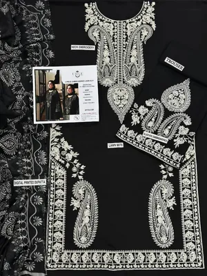 Black Embroidered 3PC Lawn Suit with Digital Printed Voil Dupatta thumbnail 3