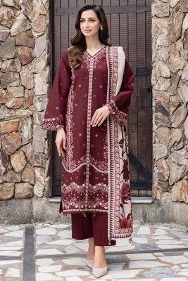 Maroon Embroidered 3PC Lawn Suit with Digital Printed Voil Dupatta thumbnail 2