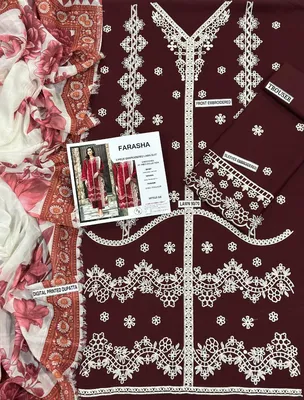 Maroon Embroidered 3PC Lawn Suit with Digital Printed Voil Dupatta thumbnail 3