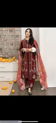Women Maroon Embroidered 3PC Suit with Digital Printed Voil Dupatta