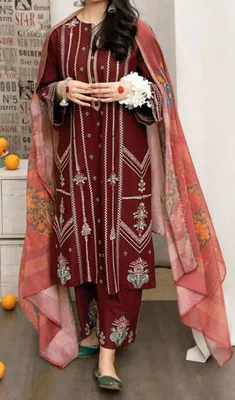 Women Maroon Embroidered 3PC Suit with Digital Printed Voil Dupatta thumbnail 2